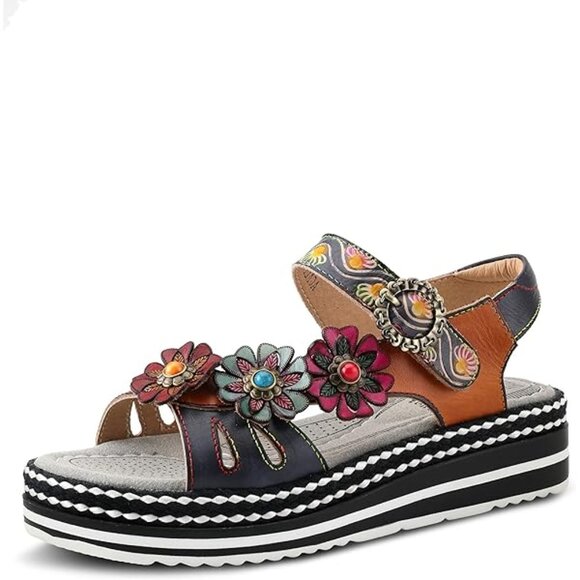 L'Artiste Spring Step Laga Leather Floral Ornament Platform Sandal Open Toe - Picture 1 of 15